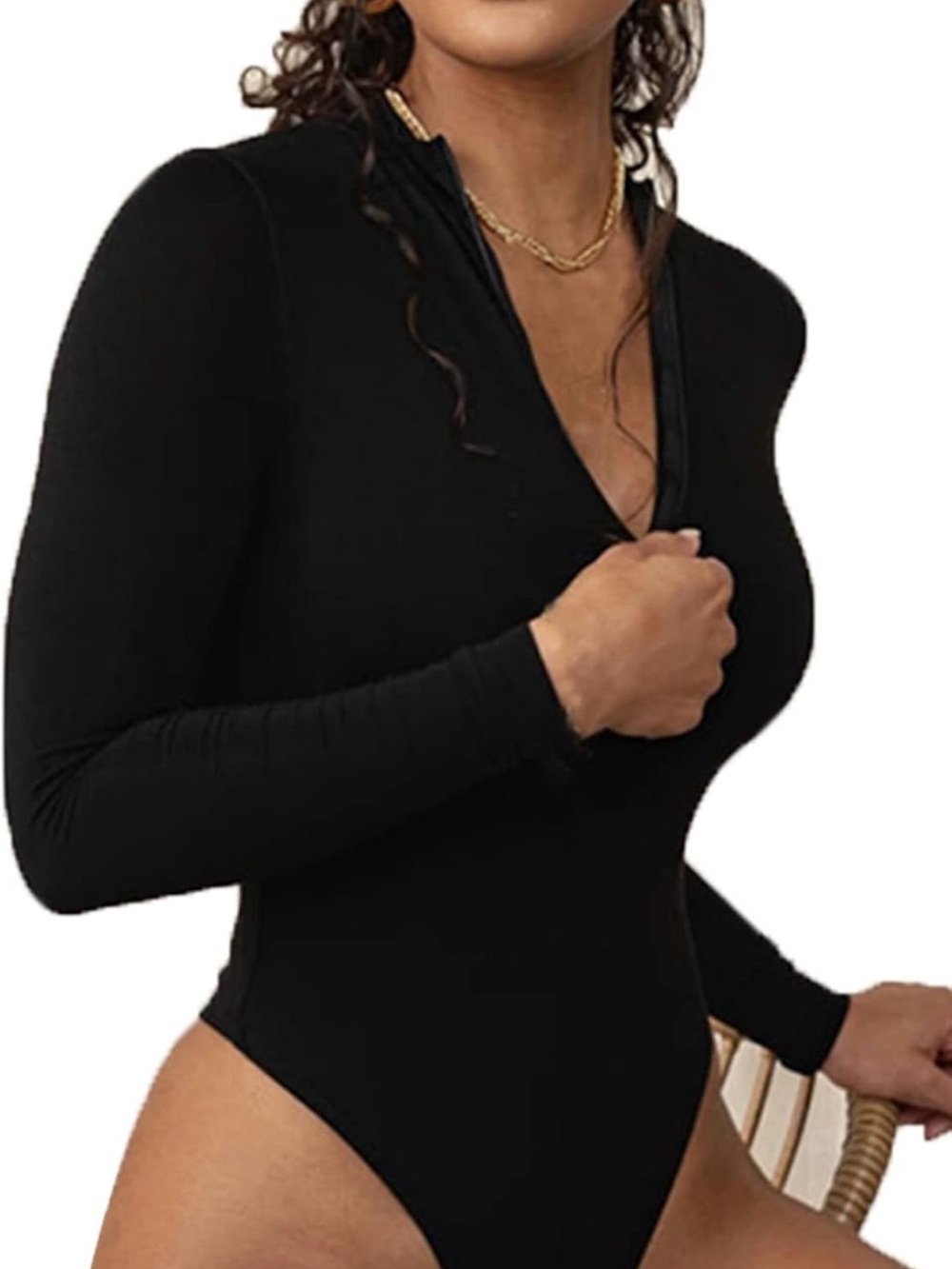 Long Sleeve Stretchy Bodysuit Top, Turtleneck/V Neck, Front Zip, Thong Clubwear